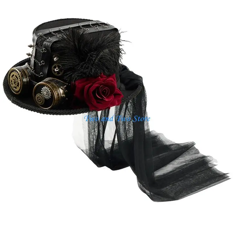 

HX6F Victorian Steampunk Hat Gothic Festival Event Top Hat With Goggles Metal Gear Decors Long Veil Tall Hat for Carnivals