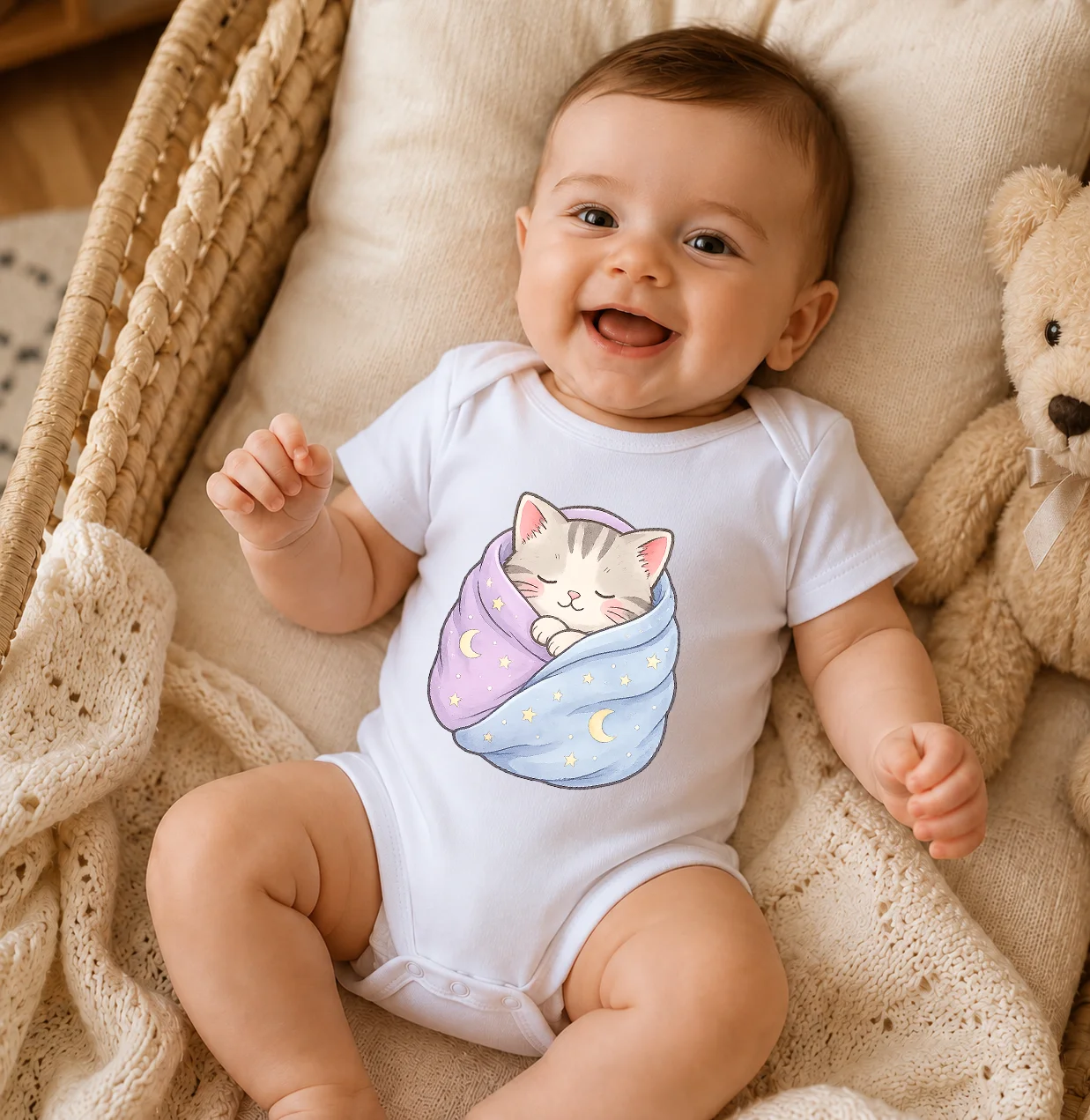 Cartoon Wrapped Sleepy Cat Moon Star Baby Romper Soft Pure Cotton Short Sleeve Newborn Bodysuit Comfortable Diaper Snap Infant O