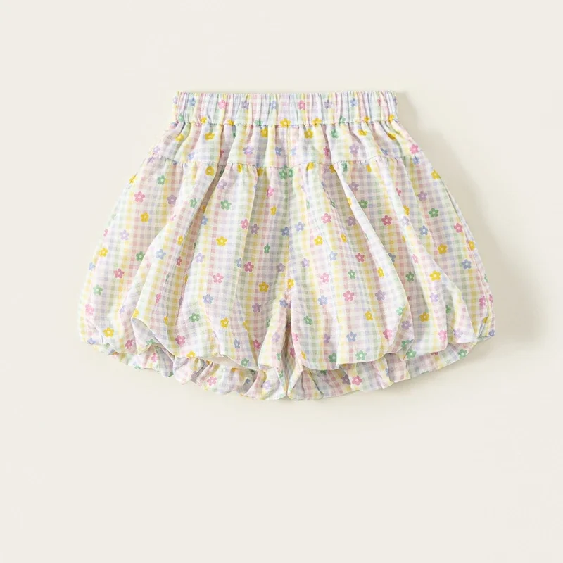

2025 Summer Hot Selling Children's Cowhide Waist Colorful Small Grid Cute Printed Flower Bud Shorts