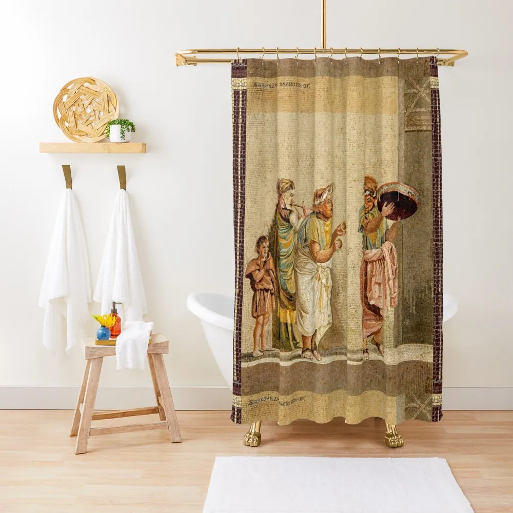 ANTIQUE ROMAN MOSAICS ,GREEK COMEDY THEATER SCENE WITH MUSICIANS AND TAMBOURINE PLAYER Shower Curtain