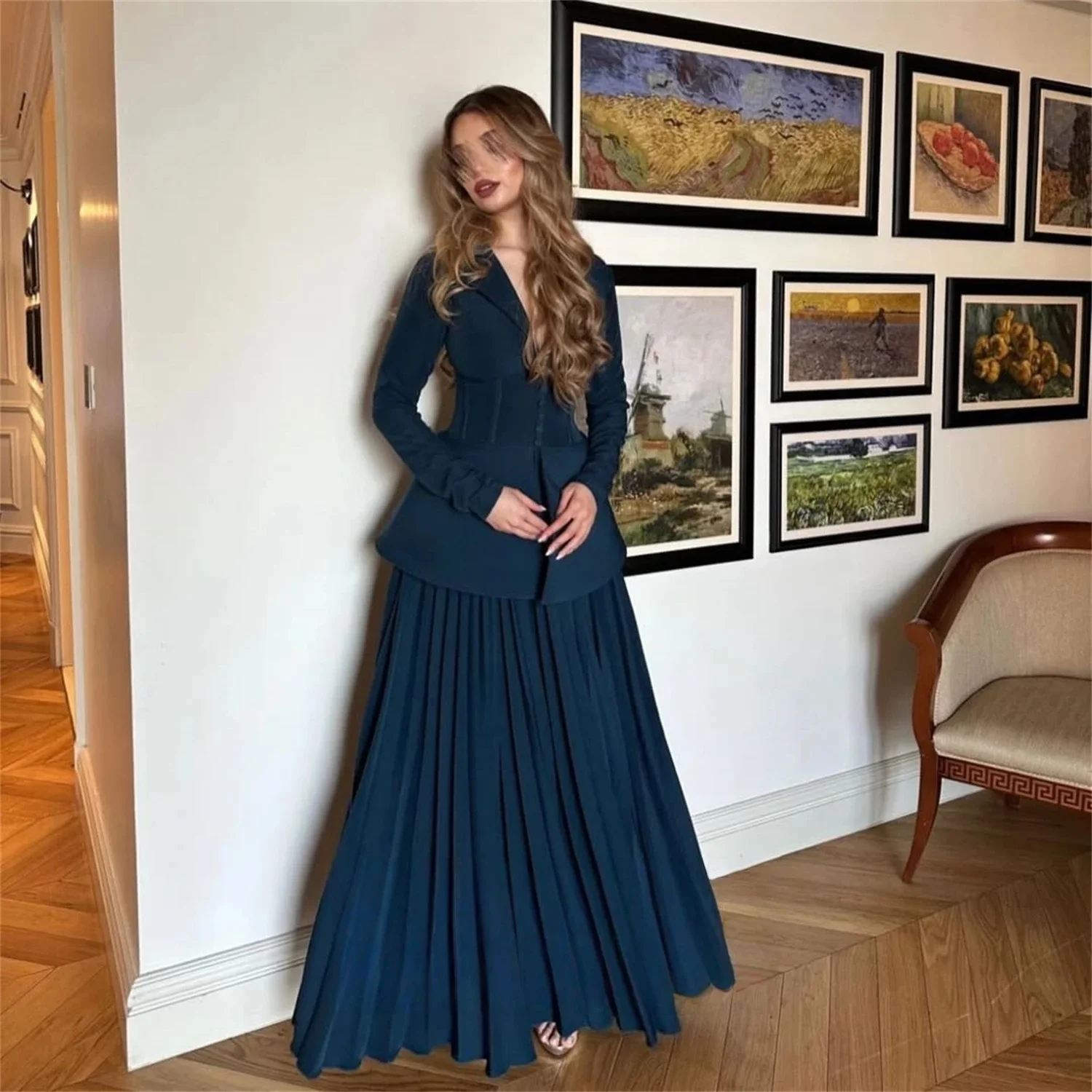 

Blue Long Sleeves Bespoke Occasion Gown Evening Dresses Pastrol Unisex Jersey Retro Dubai Saudi Arabic Israel Prom Customized