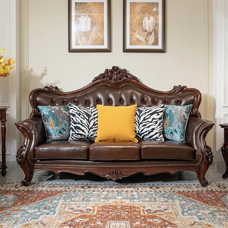 

Первый слой дивана из воловьей кожи, американский ретро, твердая древесина, орех, резьба по дереву, цветок, кожа, гостиная 123, комбинация