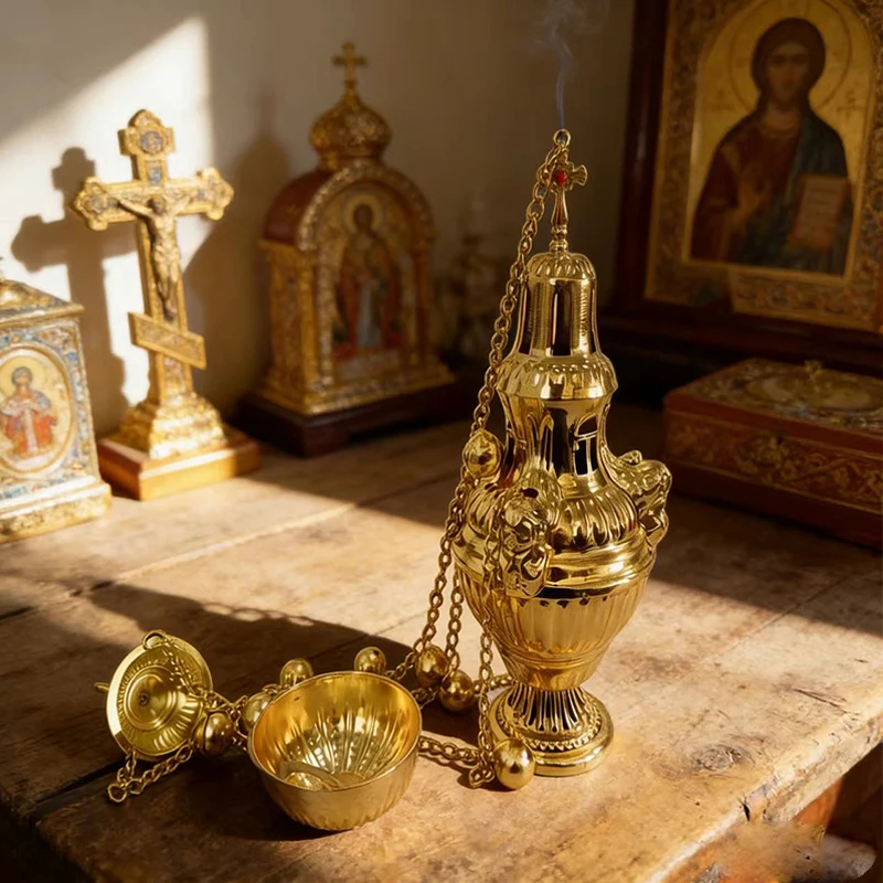 Gold Plated Orthodox Hanging Censer Set with Angel Embossed Carvings and Bells for Church Liturgy Incense Burning Devotion Gift