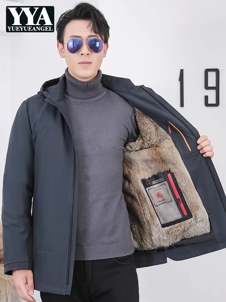 Autumn Winter Rabbit Hair Lining Men Jackets Warm Windproof Hooded Coat Liner Hat Detachable Coats Zippers Waterproof Outerwear