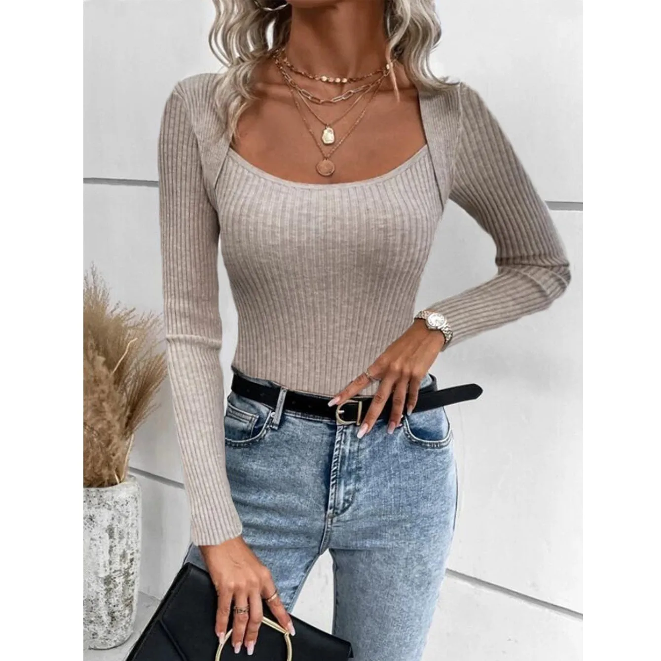 Square Neck Single Top Regular Length Commuter Elegant with Medium Weight Regular Sleeve Slim Fit Long Sleeve T Shirts for Women