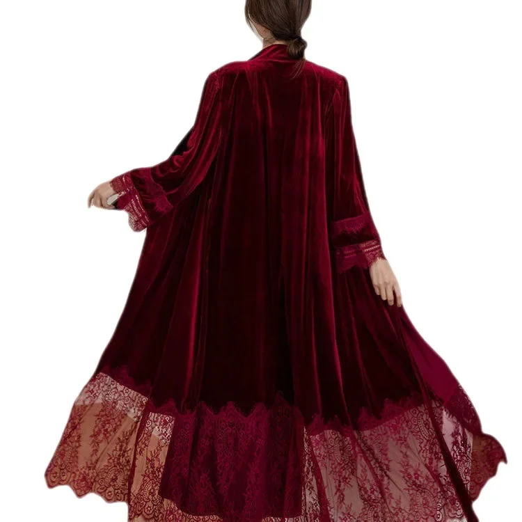 Sexy Lace Bride Wedding Robe Nightdress Set Burgundy Velvet Long Kimono Bathrobe Gown Autumn Winter Velour Homewear Lingerie