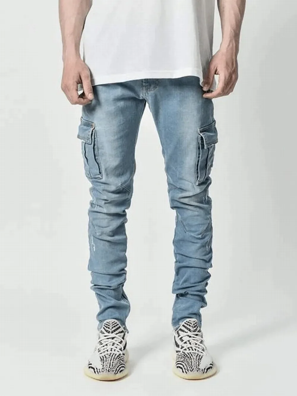 

Street Elastic Jeans Men Denim Cargo Pants Wash Solid Color Multi Pockets Casual Mid Waist Trousers Slim Fit Daily Wear Joggers