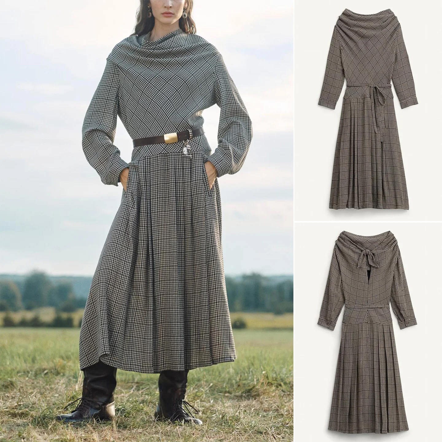 

Новое зимнее женское длинное платье с поясом, широкими плиссированными оборками, в клетку, повседневное, свободного кроя, из полиэстера, с длинными рукавами