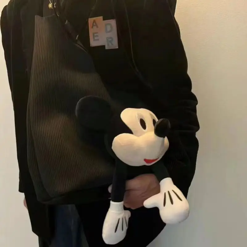 Kawaii Disney Mickey Mouse Black Shoulder Bags Cute Cartoon Corduroy Handbags Unisex Casual Large Capacity Tote Bags For Women