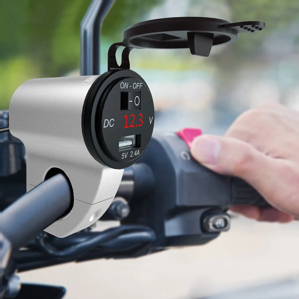MoFlyeer Motorcycle USB Charger Aluminum Alloy Waterproof Mobile Phone Adapter 2.4A Digital Display Car Fast Charger with Switch
