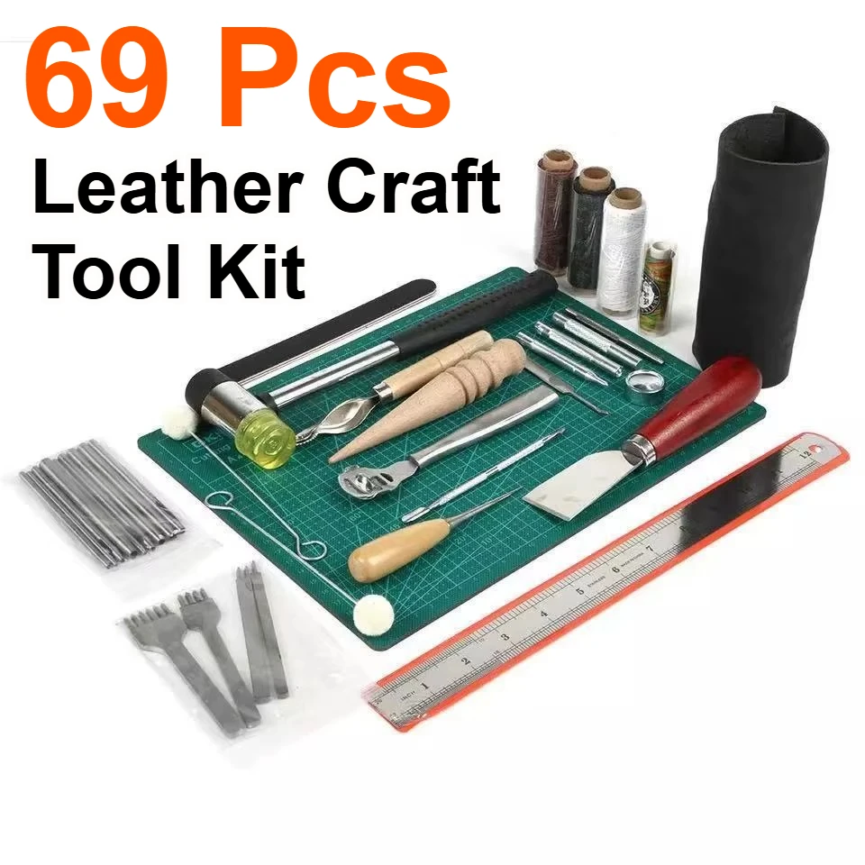 69 Pcs Leather Craft Tool Kit Professional DIY tool set Retro Stitching Sewing Beveler Punch Work Hand Tool Hand Sewing Repair