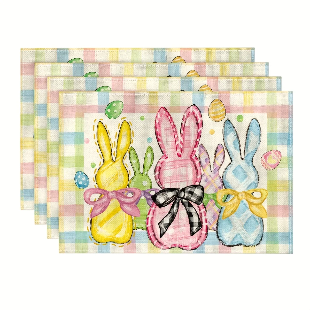 

4PC Colorful Buffalo Plaid Bunny Rabbit Placemats - Happy Easter for Spring Holiday Dining & Kitchen Decor, Rabbit Accessories