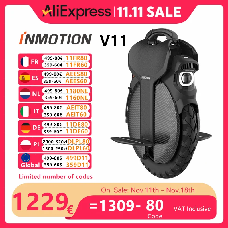 EU STOCK Inmotion SCV V11 Electric Unicycle 84V 2200W Motor 50KM/H Speed Self Balance Scooter Build-in Handle Monowheel Unicycle