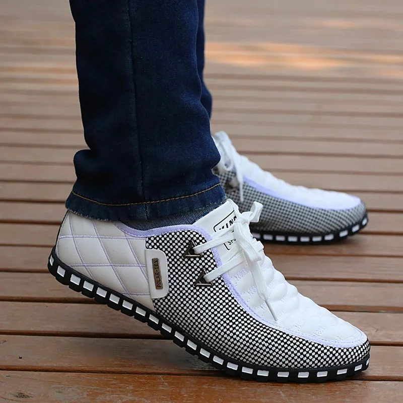 2023 Men PU Leather Shoes Men\'s Casual Shoes Breathable Light Weight White Sneakers Driving Shoes Pointed Toe Business Men Shoes