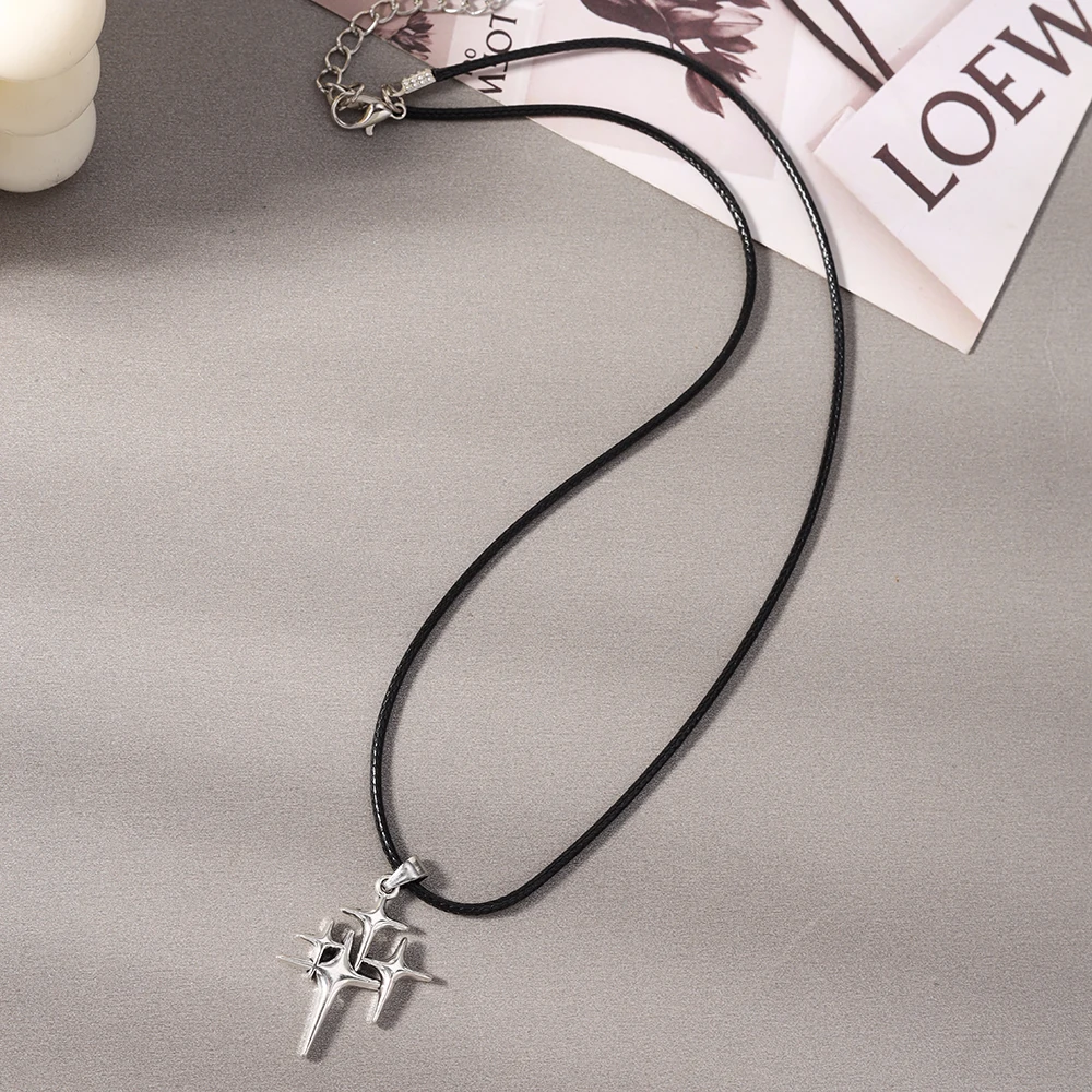 Aihua Neue Koreanische Mode Mond-Polaris-Stern-Anhänger Halskette für Damen und Herren Schwarze Seilkette Choker Y2k Party Schmuck Geschenke – Detail 8