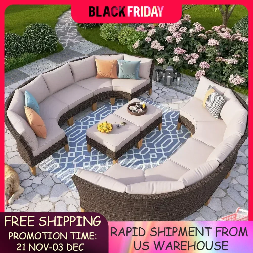 12 Pieces Patio Conversation Set Half Moon Wicker Outdoor Furniture Sofa Set Curved Circle Rattan Sofa for Garden