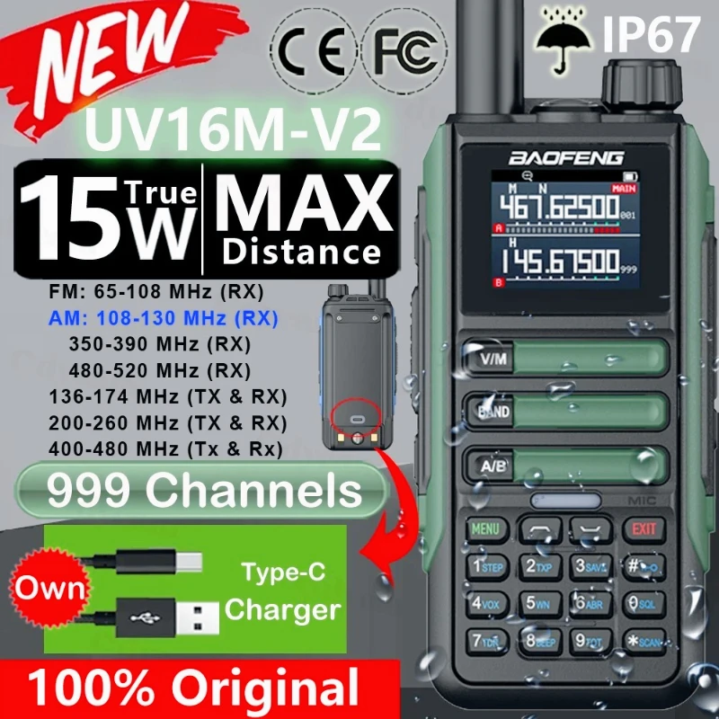 Baofeng UV16M V2 Walkie Talkie 15W de alta potência AM FM Rádio bidirecional Banda completa 999CH Cópia de frequência