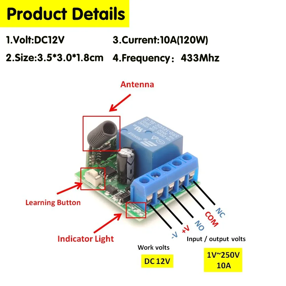 DC12V 433 Mhz RF Bezprzewodowy przełącznik zdalnego sterowania 1-kanałowy moduł odbiornika przekaźnika i nadajnik włączania i wyłączania do drzwi