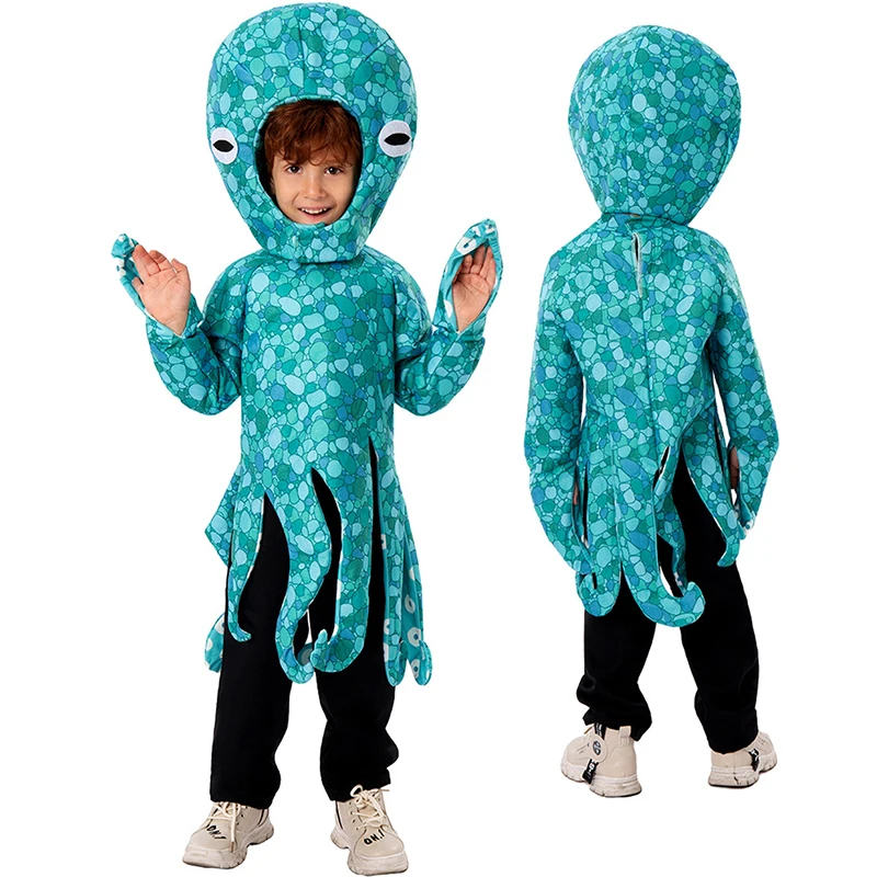 Kid's Blue Octopus Costume Under The Sea Funny Animal Cosplay Tunic Hat Set Boys Toddler Squid Costume Halloween Party Dress Up