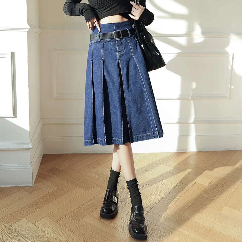 New Women Denim Pleated Skirt Summer Vintage Fashion High Waist A-Line Jeans Skirt Casual All-match Blue Skirt Knee-Length