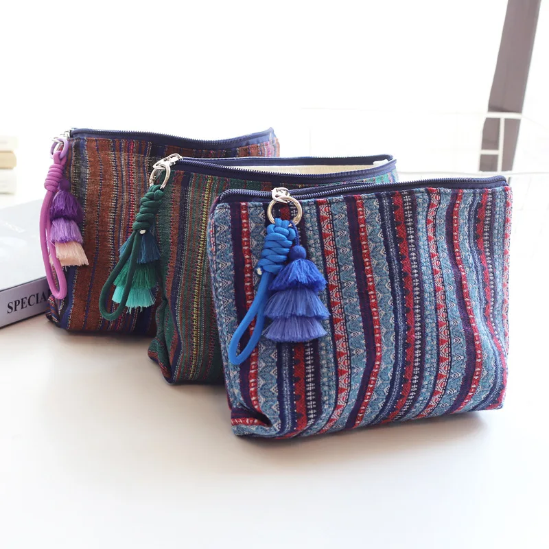 5pcs Cosmetic Bags Colorful striped fringe hand-held ethnic makeup bag For Women