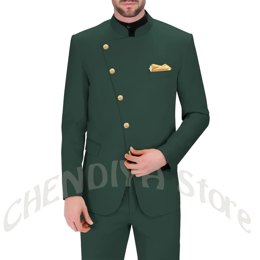

Chic Green Men's Suit Stand Collar Asymmetrical Button Slim Jacket Pants Formal Business Office Prom Party Tuxedo Trouser Sets