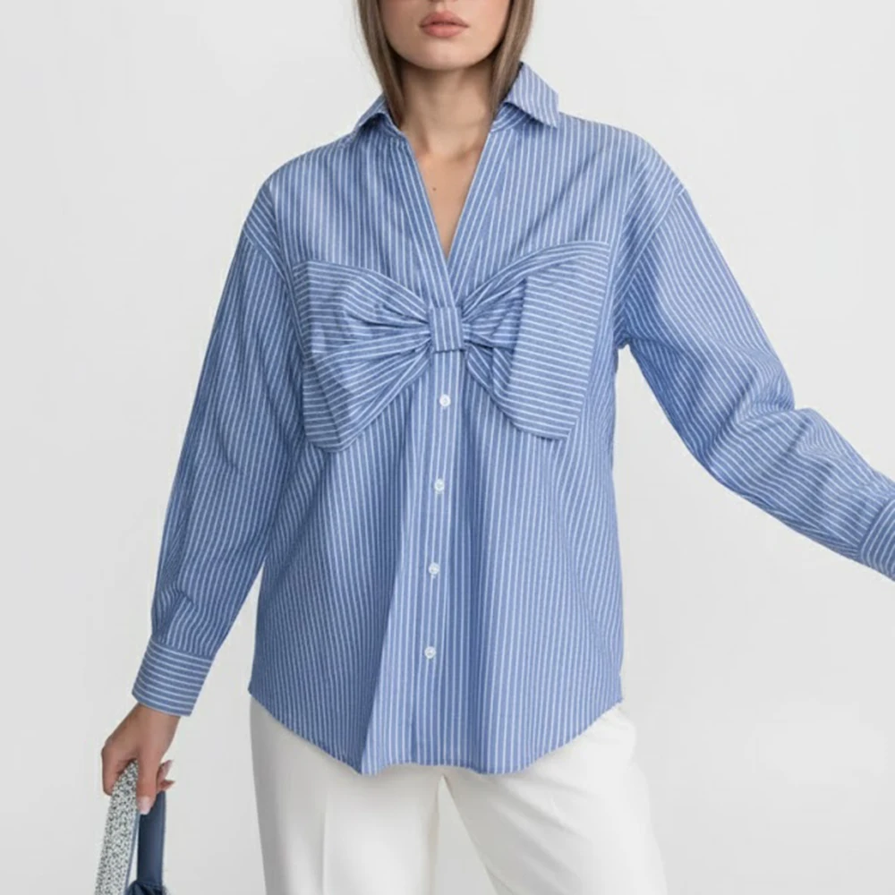 

Рубашка в полоску большого размера с бантом, женская осенне-зимняя хлопковая рубашка с длинным рукавом, свободные элегантные блузки, рубашки, женские модные рубашки, топы 2026