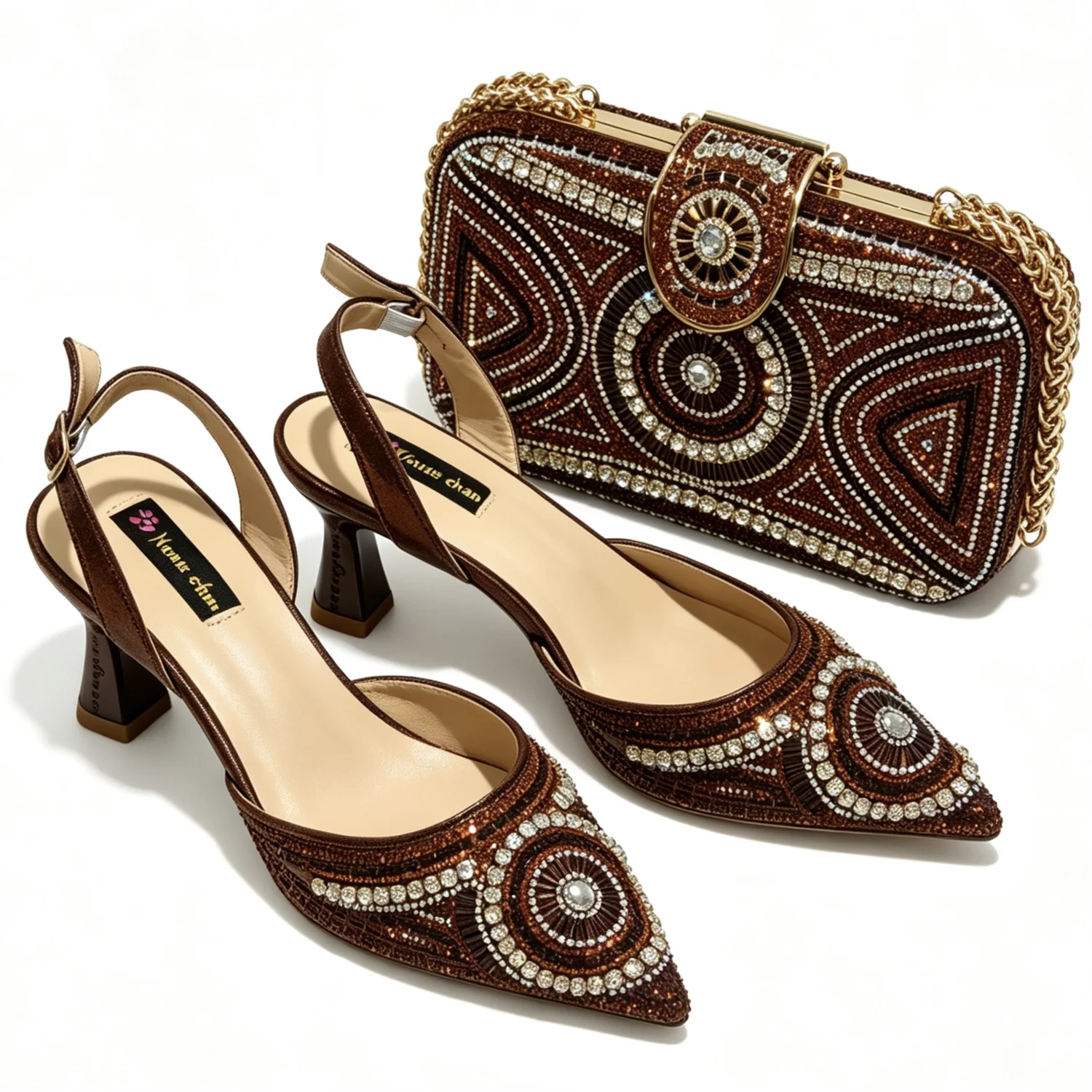 Brown Pointed Toe Rhinestone Women Shoes And Bag Set Slingback Kitten Heel Wedding Party Evening Matching Clutch Purse