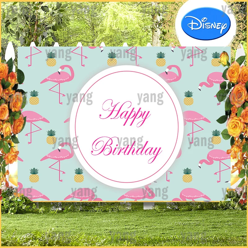 Pink Flamingo Customize Happy Birthday Backdrop Cute Newborn Girls Forest Green Leaves Background for Photo Pineapple Decoration