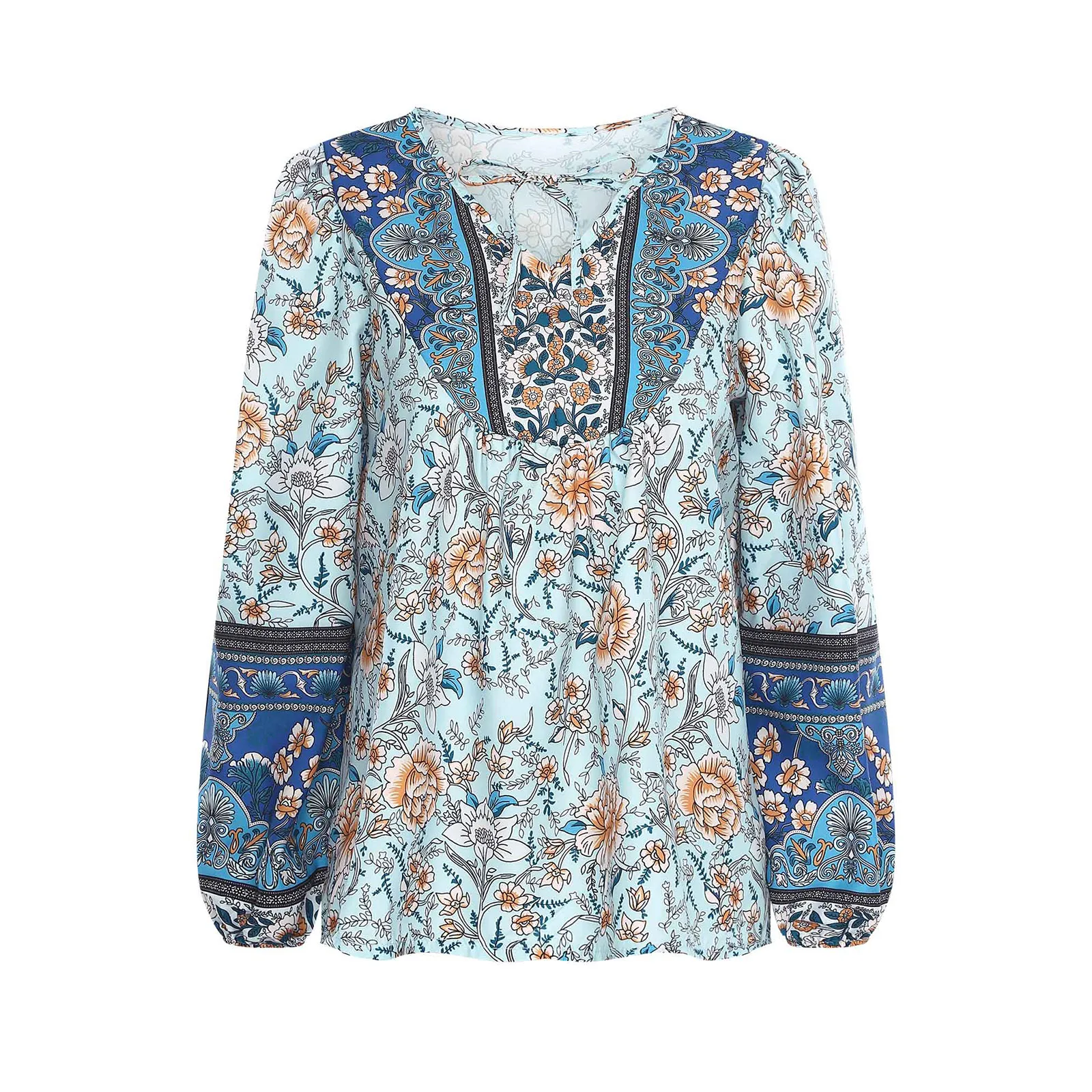 المرأة فضفاضة طويلة الأكمام الأزهار بلايز الخامس الرقبة امرأة الصيف بلوزات غير رسمية يؤرخ عطلة الشاطئ بوهو بلوزة بلوزات على الموضة الملابس