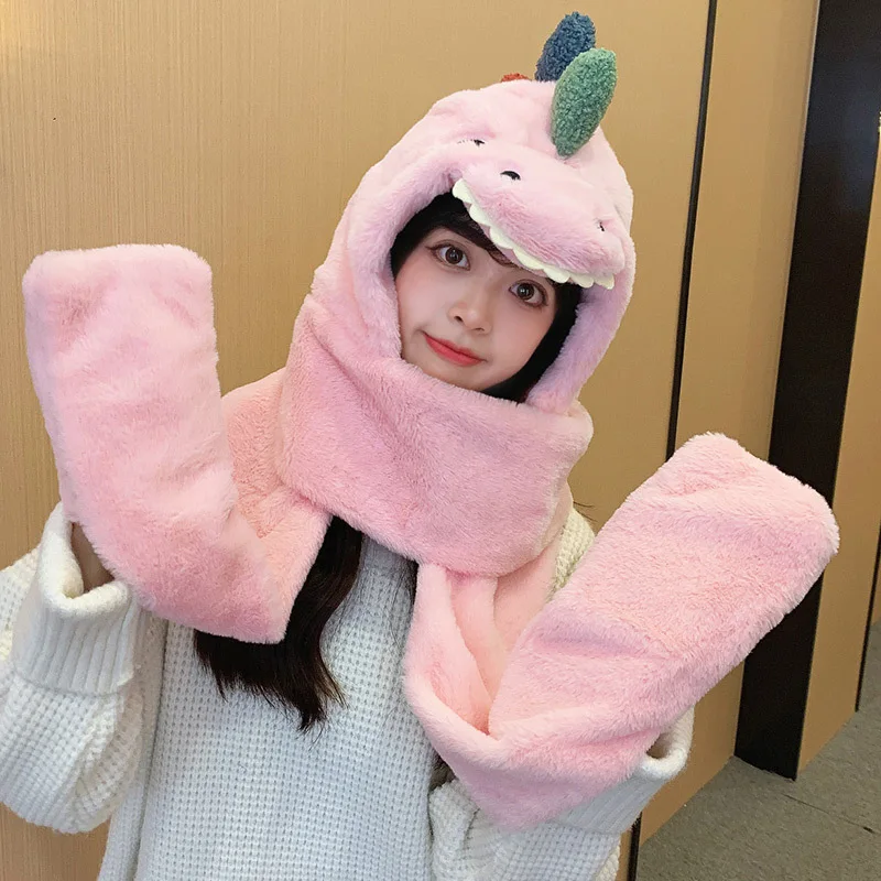 New One-piece Scarf Outdoor Plush Gloves Outdoor Hats Dinosaur Beanie Hat Female Winter Funny Cute Knitted Woolen Warm Hats