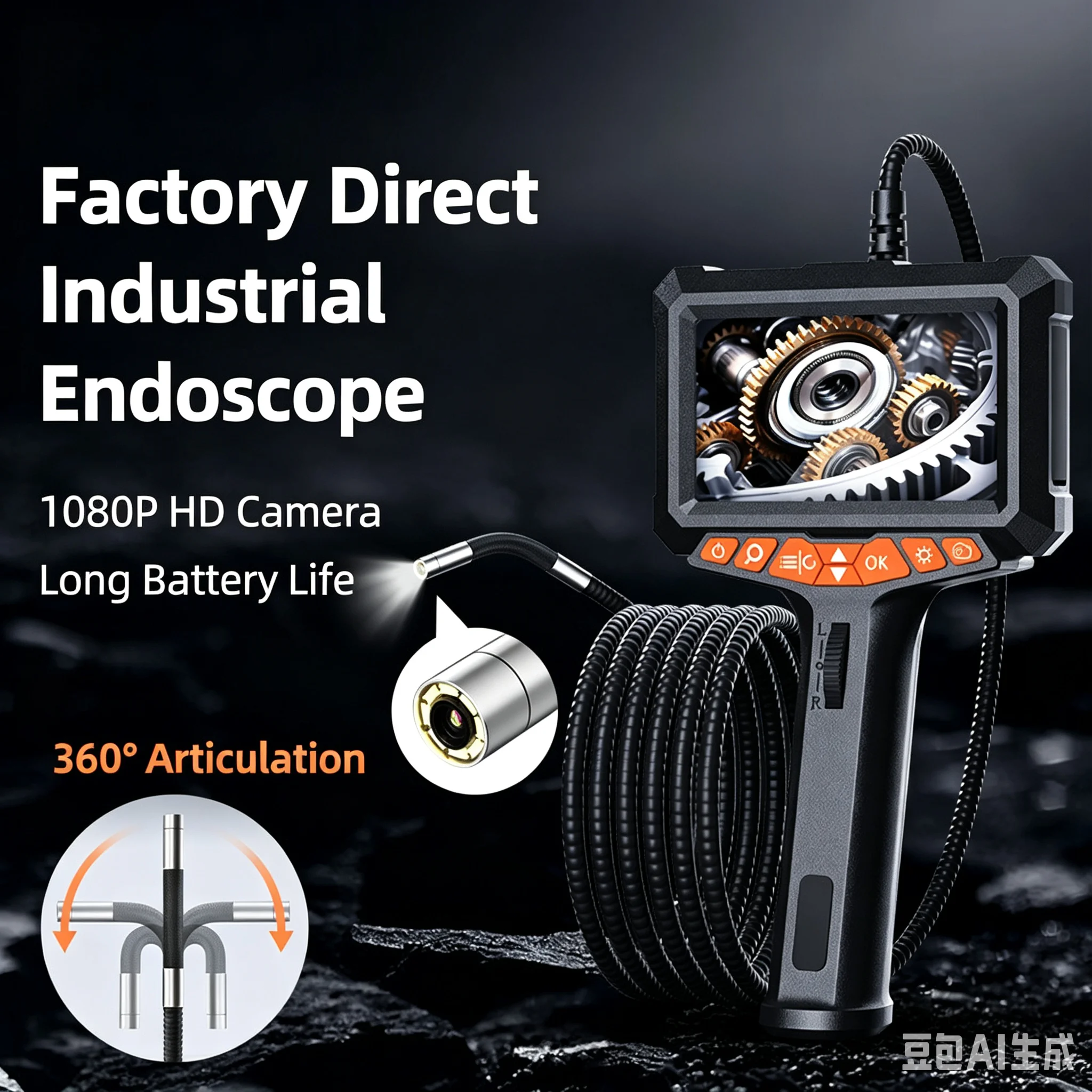 Caméra d'inspection industrielle endoscopique avec écran IPS de 4,3 pouces, 2MP, 1080P, 6 mm, articulation bidirectionnelle, rotation à 180 degrés