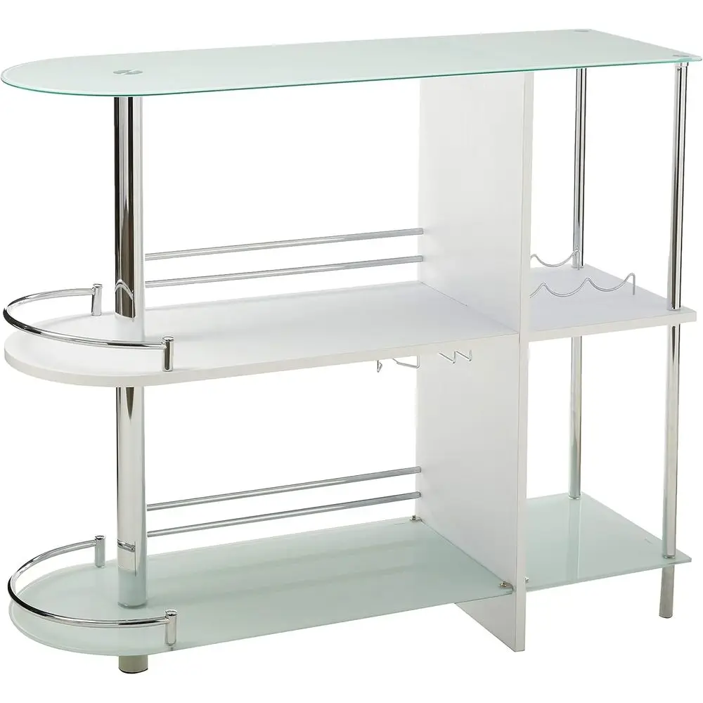 

Белый современный барный стол с двумя прозрачными полками из закаленного стекла