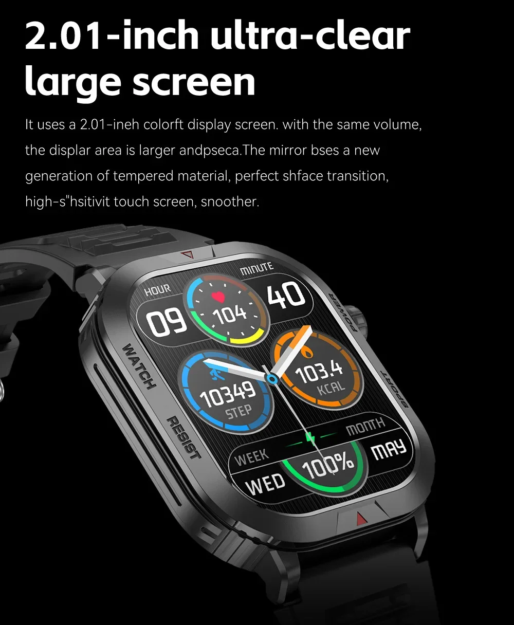 ZW66 Men's Outdoor Sports Smart Watch - 2.01inch Large HD Screen, Bluetooth Calling, AI Voice, Multi-Health Monitoring