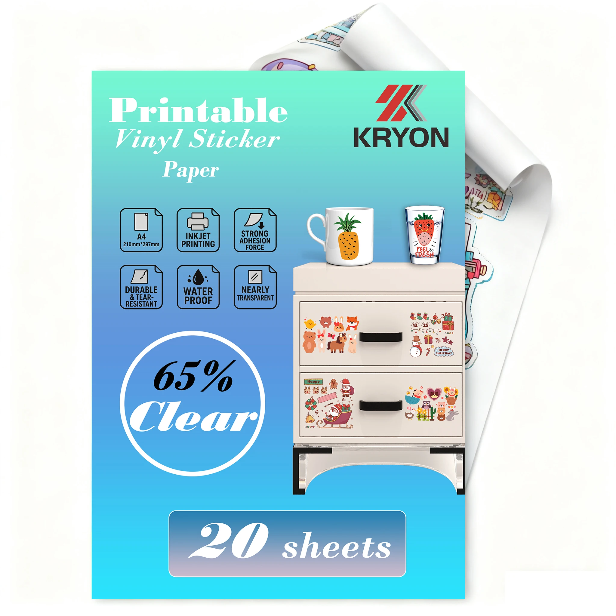 20 fogli di carta adesiva in vinile trasparente trasparente A4, autoadesivi, impermeabili, ad asciugatura rapida, stampabili per stampanti a getto d'inchiostro