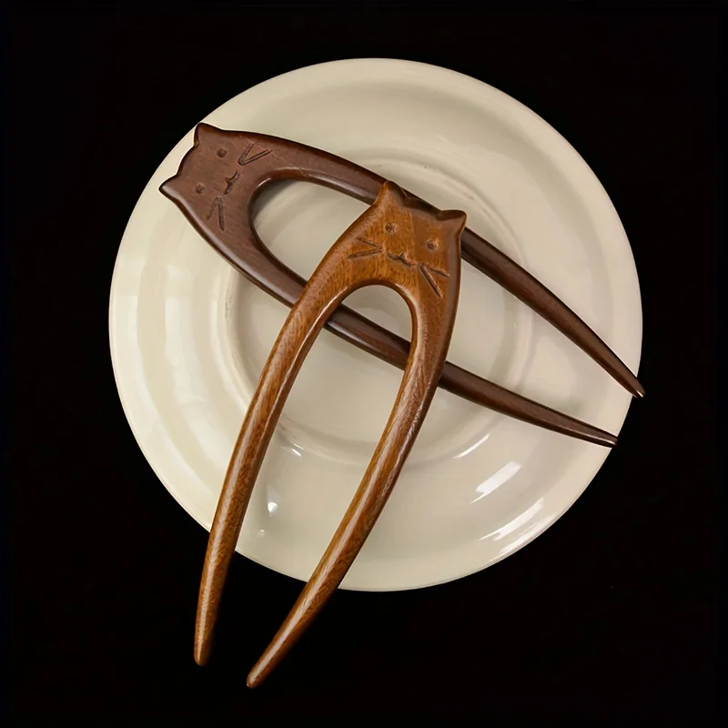 1 Stück Sandelholz-Katzenhaarnadel, handgeschnitzter Hanfu-Haarstab, chinesischer Vintage-Haarschmuck für Frauen (Holz)