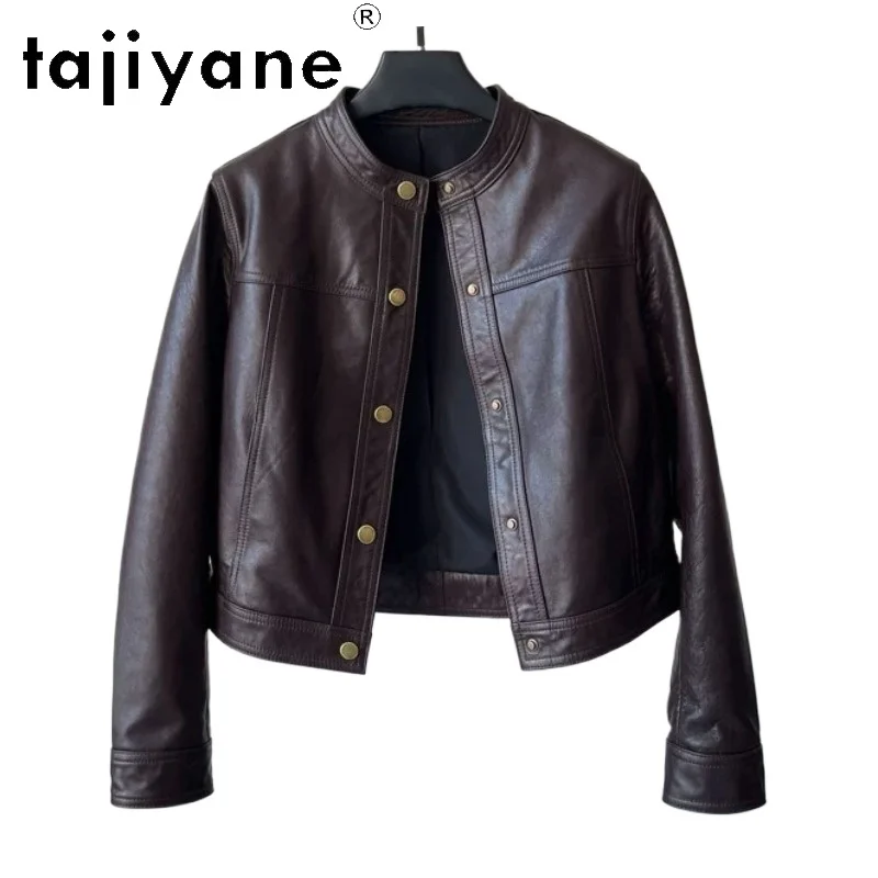 TAJIYANE Genuine Leather Jacket Women Slim-fit Leather Coat Round Neck Sheepskin Motorcycle Jackets for Woman Short Chaquetas