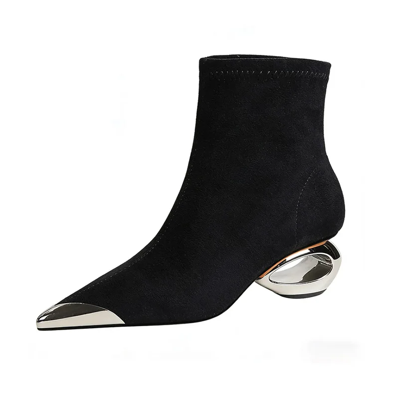 

2026 Spring Women's Ankle Boots Metal Pointed Toe Slim Stretchable Lady Shoes Strange Medium Heels Phoentin FT4331