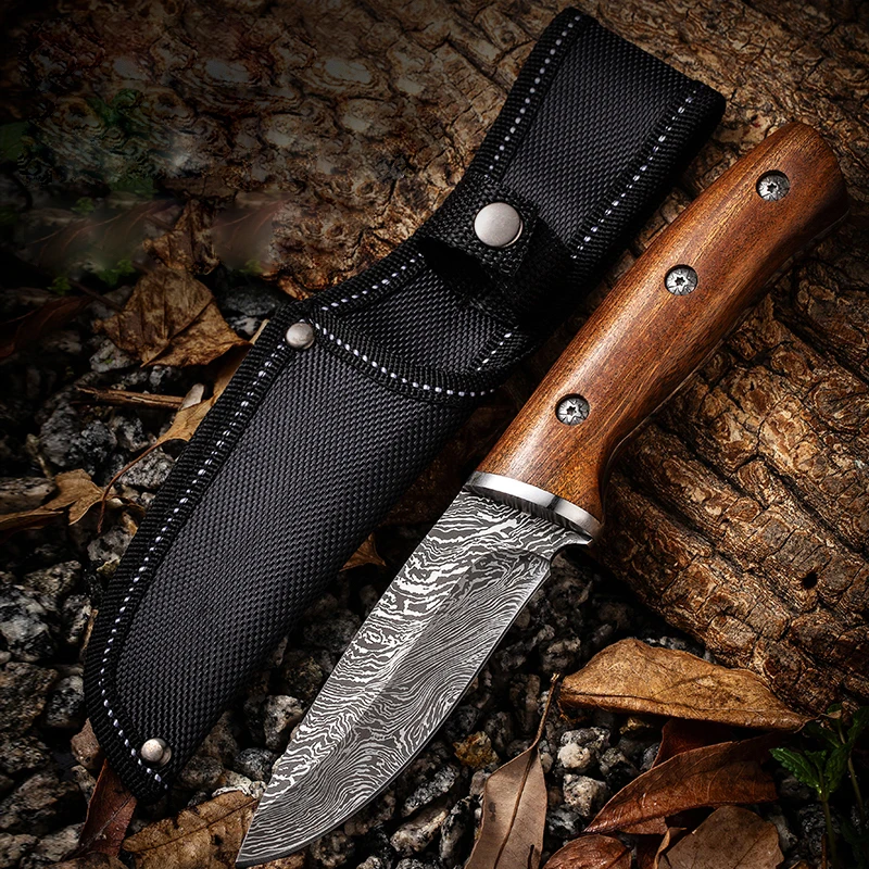 1 pc 9.3 inch, imitation Damascus grain knife, high carbon stainless steel, solid wood handle, for outdoor camping hunting barbe