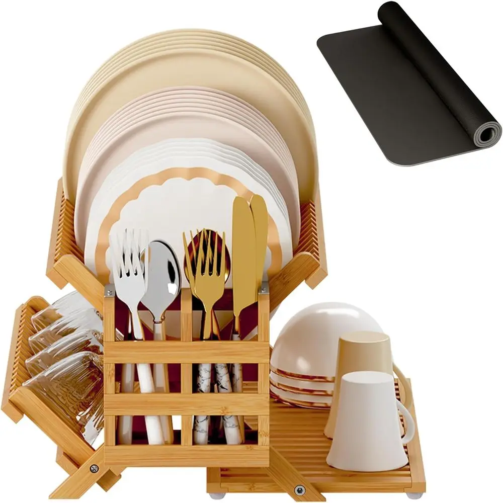 

Bamboo Dish Drying Rack with Utensil Holder, 3 Tier Collapsible Dish Rack, Wooden Dish Racks or Kitchen Counter, Large olding Dr