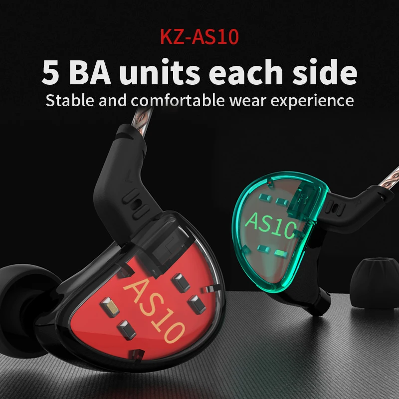 KZ AS10 Five Units Pure Balanced Armature Earphone Bass HiFi Headphones Upgrade Wired Headset Optional HD Condenser Microphone