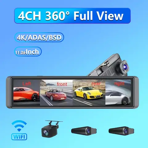 4 채널 대시 캠 11.26 인치 4K WIFI 후면보기 미러 4 카메라 비디오 레코더 자동차 DVR ADAS BSD 야간 투시경 주차 모니터