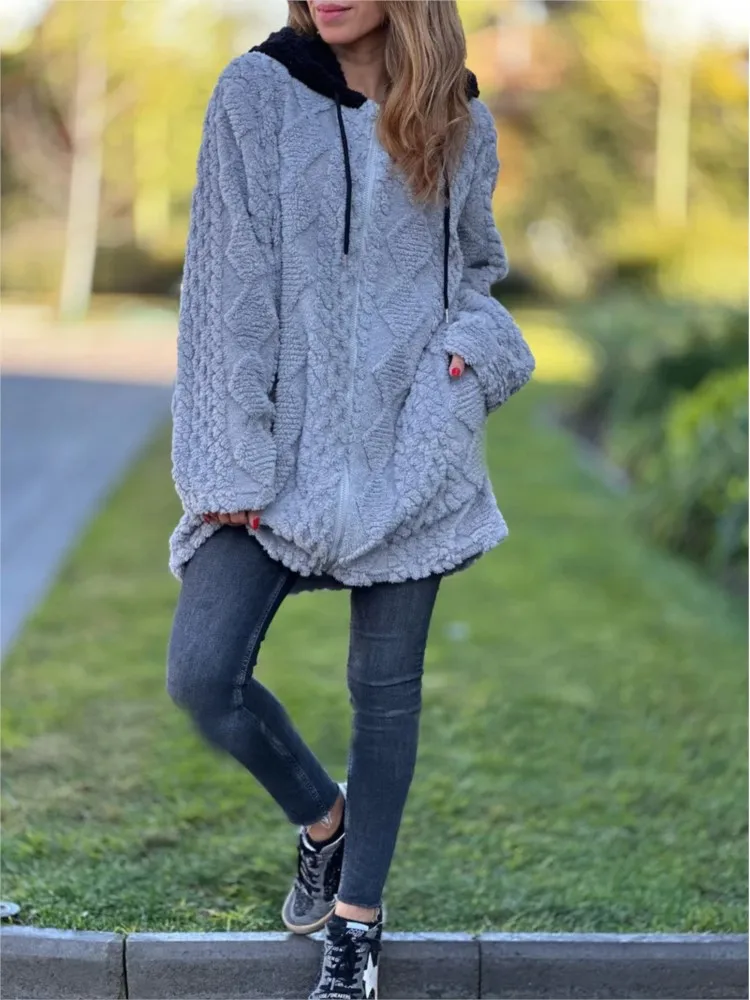 2025 Otoño Invierno nueva mujer Casual Sudadera con capucha Color sólido peludo cremallera abrigos de manga larga para mujer moda bolsillo chaqueta abrigo