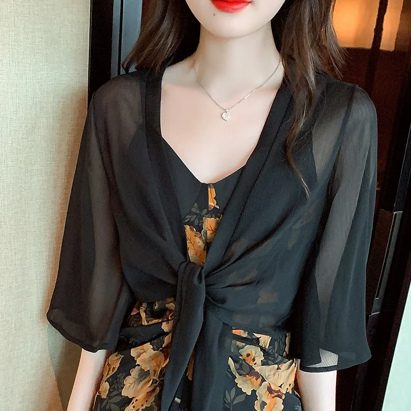 

Summer Female Prevented Bask Clothes Air Conditioning Garment Solid Color Half Flare Sleeve Ladies' Chiffon Shirts Open Stitch