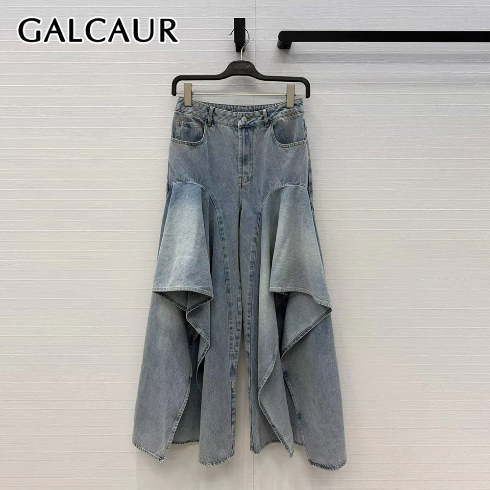 GALCAUR Solid Loose Spliced Pockets Irregular Pant for Women High Waist Patchwork Split Fashion Jeans Female Fashion New Style