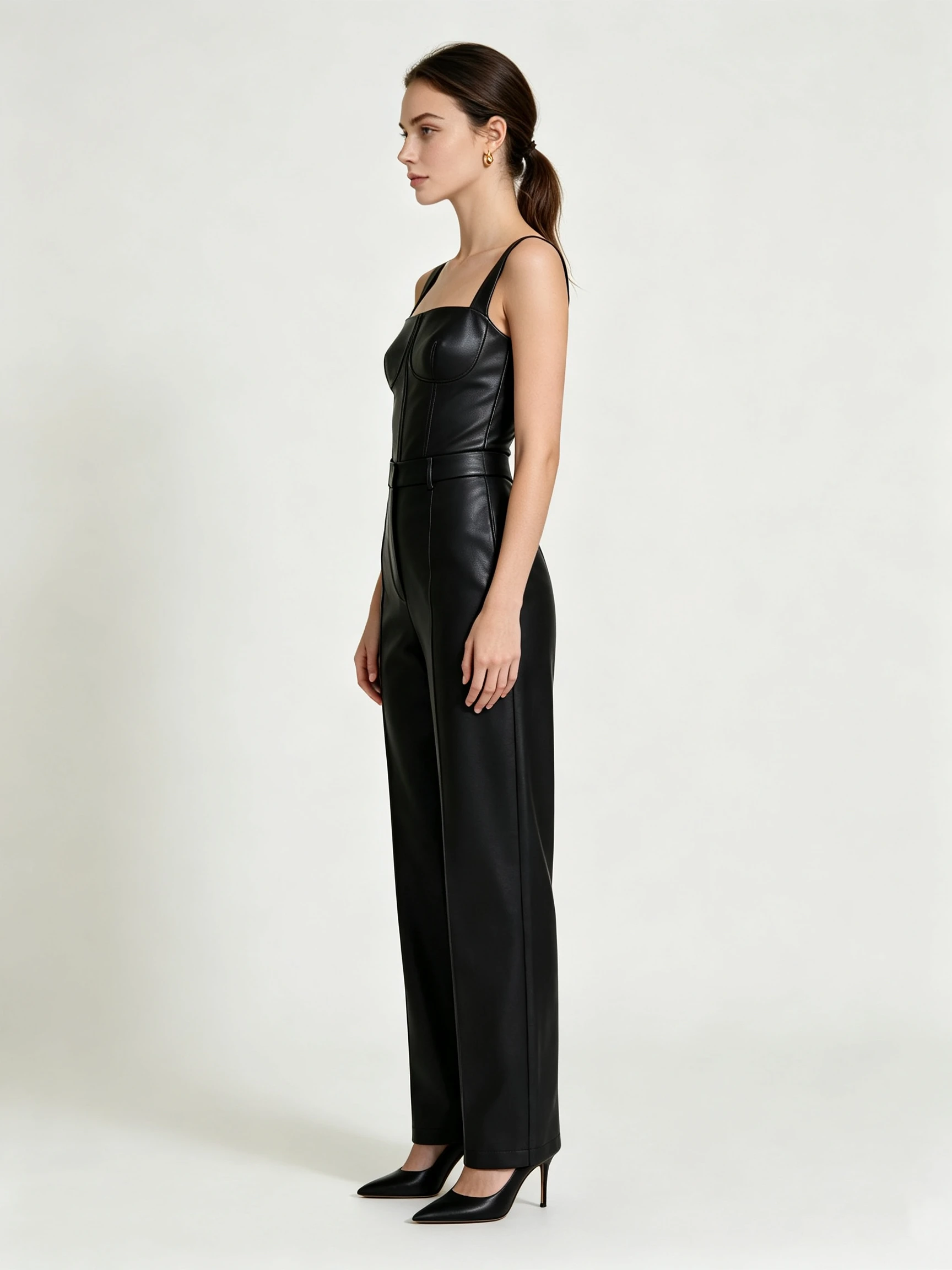 Women's Faux Leather Wide Leg Jumpsuit with Structured Bustier Bodice and Square Neck