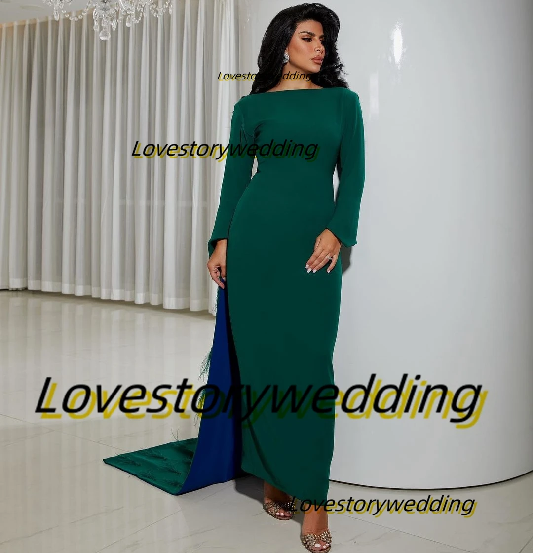 Lovestory Saudi Arabia Party Women Wear Long Sleeves Prom Dresses Backless Feathers Flutters Evening Party Birthday Gowns