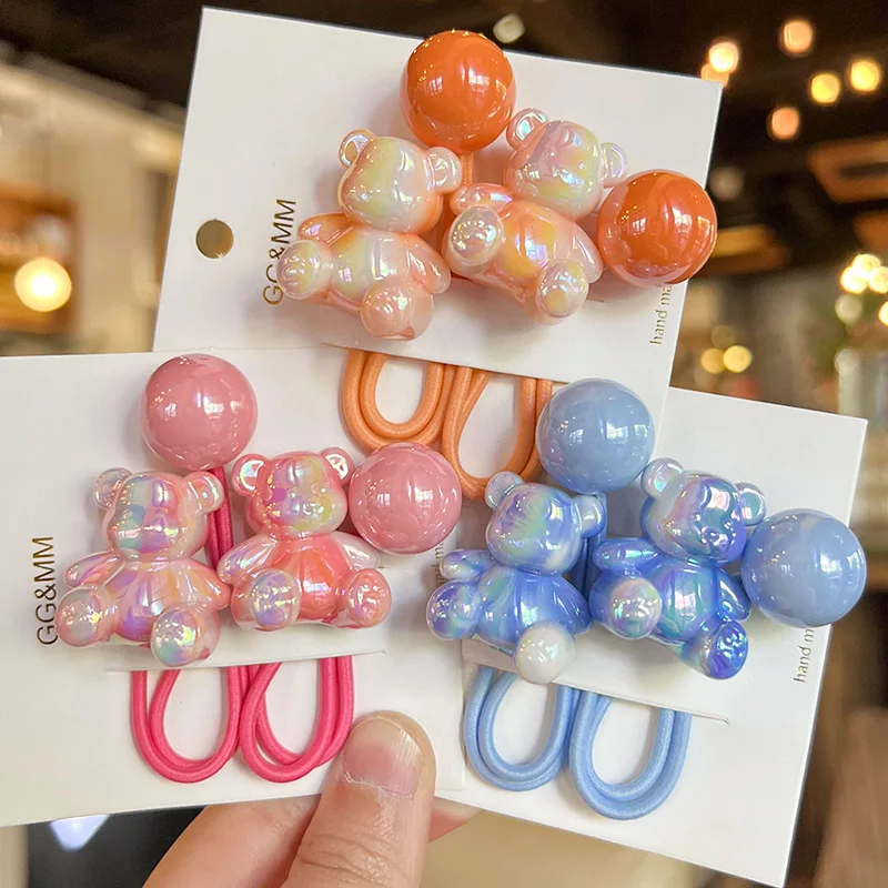 Candy Color Ombre Bear Hair Ropes for Children Elastic Rubber Bands with Beads High Stretch Ponytail Ties Non Damage Soft