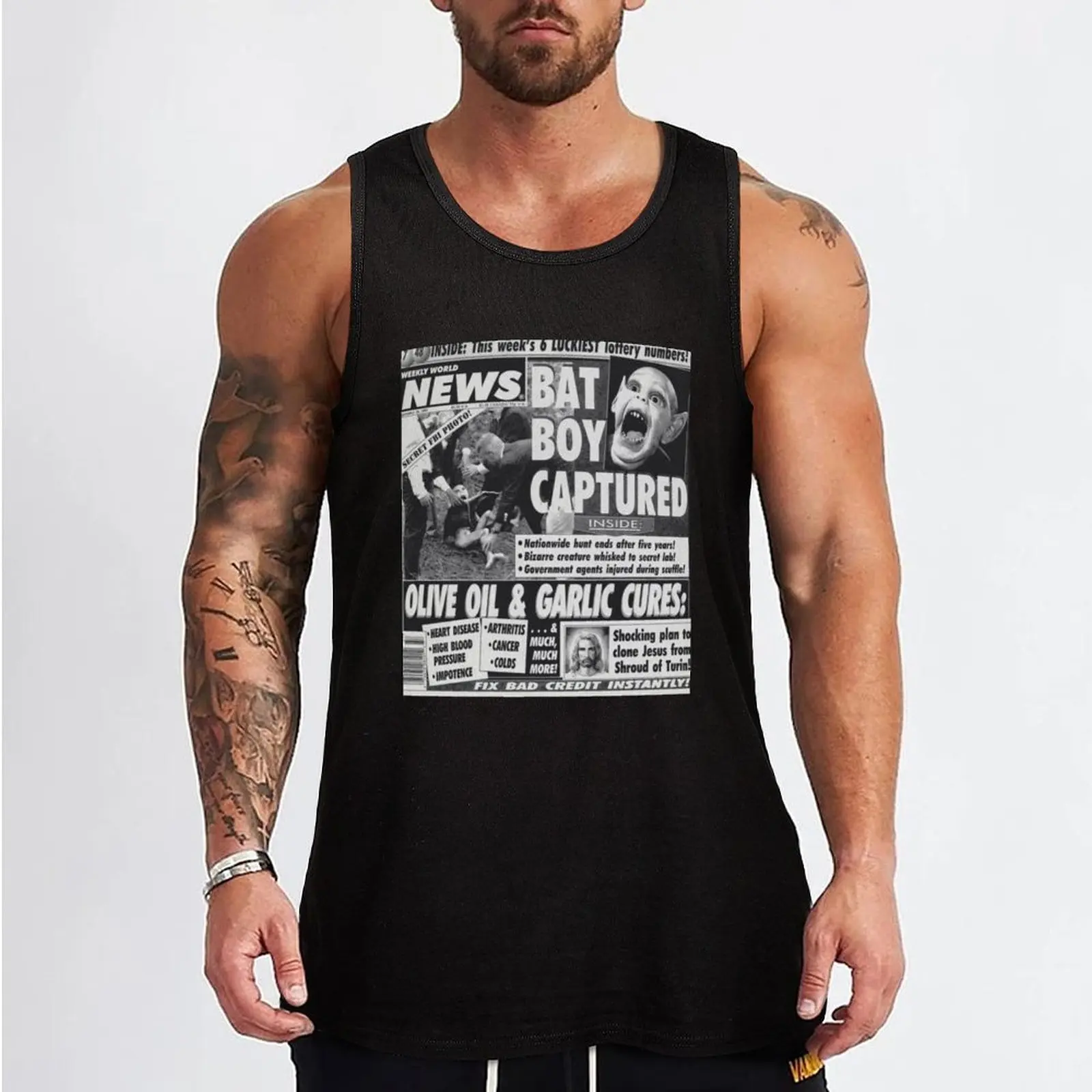 Bat boy captured bizarre odd strange enquire magazine article weekly news clone jesus Tank Top Men's singlets men clothes