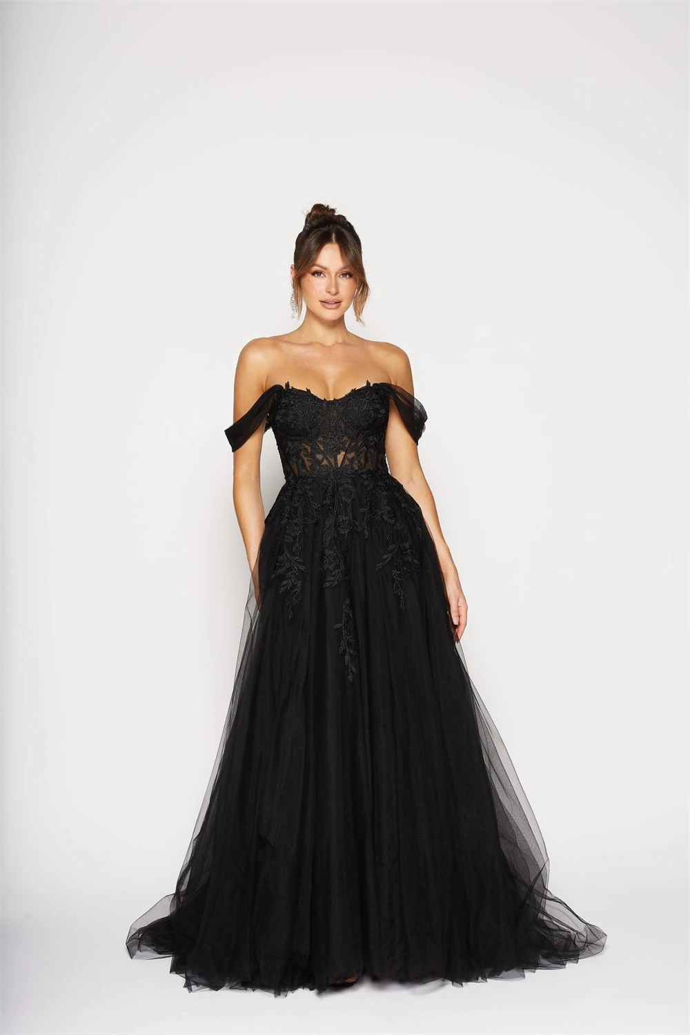 Lace Appliques Tulle Evening Dresses Off-the-shoulder Backless Button Sleeveless Prom Gowns A-line Floor-length Long Formal Ball